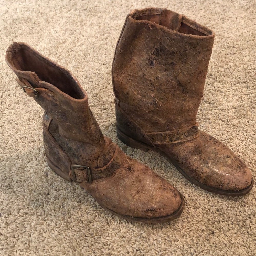 Mid calf brown distressed leather booties